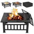 Lemy 32 inch Outdoor Square Metal Firepit Backyard Patio Garden Stove Wood Burning BBQ Fire Pit with Rain Cover, Faux-Stone Finish