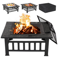 Lemy 32 inch Outdoor Square Metal Firepit Backyard Patio Garden Stove Wood Burning BBQ Fire Pit with Rain Cover, Faux-Stone Finish