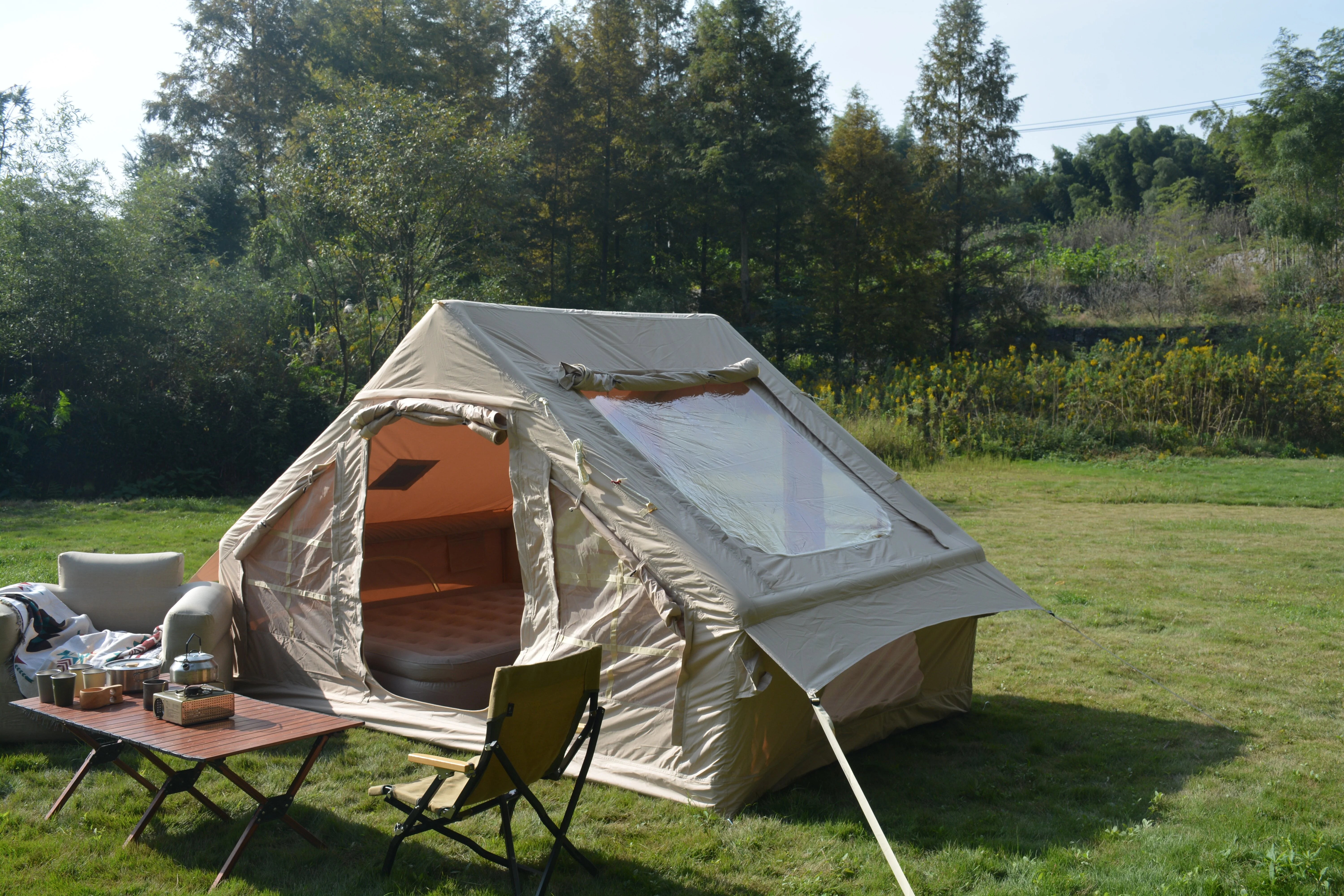 Inflatable Camping Tent Easy Setup 4 Season Glamping Tent 4 - 6 Persons Waterproof Windproof Outdoor Self - Supporting Blow up Tent Air Tent Portable House Beige